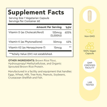 Alaya Naturals Vitamin D3 K2 Supplement – 5000 IU D3, 50 mcg K1, 15 mcg K2 MK-7 – High Absorption Capsules for Bone & Immune Support, Non-GMO, Vegetarian – 60 Count