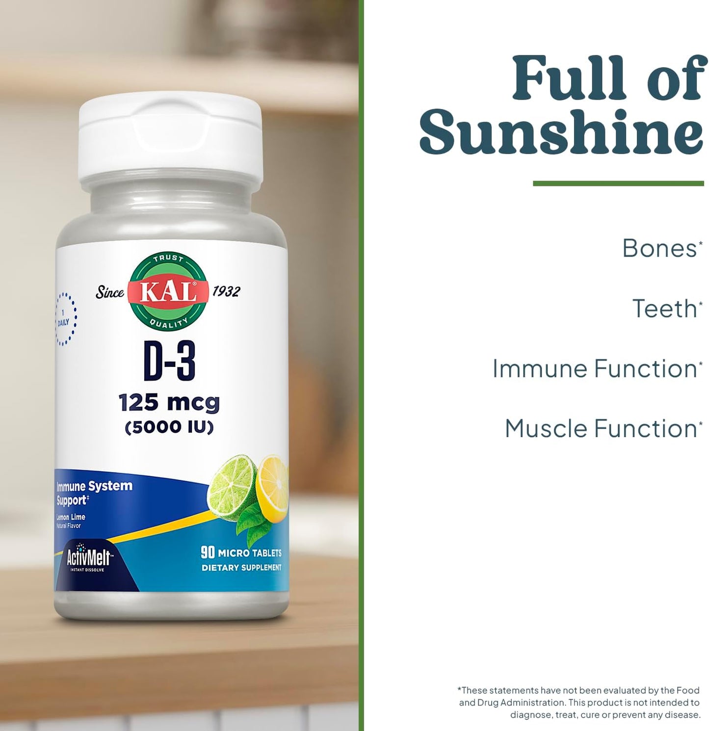 KAL Vitamin D3 5000 IU ActivMelt, Instant Dissolve Micro Tablets, Natural Lemon and Lime Flavour, 90 Count - görsel 3