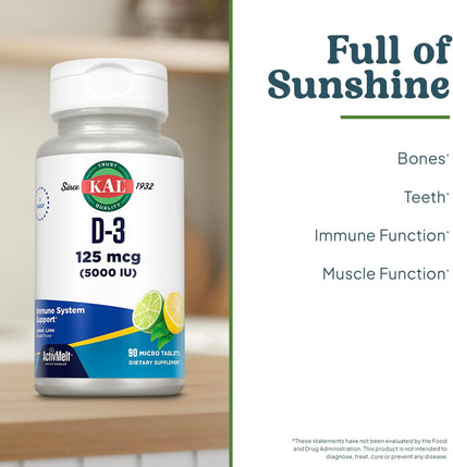 KAL Vitamin D3 5000 IU ActivMelt, Instant Dissolve Micro Tablets, Natural Lemon and Lime Flavour, 90 Count