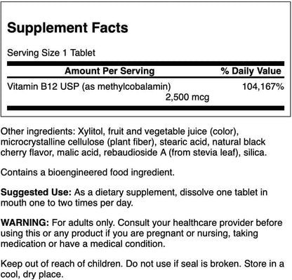 Swanson Ultra Vitamin B12 Methylcobalamin 2500 mcg - Natural Black Cherry Flavoured Tablets (4 Pack)