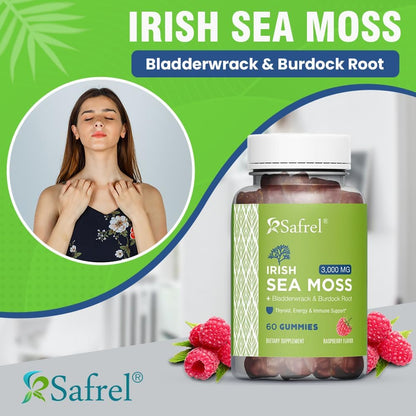 Safrel Irish Sea Moss Gummies 3000mg with Bladderwrack and Burdock Root, Thyroid Energy and Immune Support, Vegan Raspberry Flavour, 60 Gummies