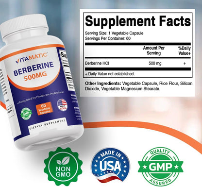 Vitamatic Berberine Supplement 500mg - 60 Vegetable Capsules - 2 Bottles