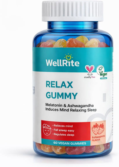 Wellrite Relax Gummy Vitamins with Ashwagandha & Melatonin, 60 Count, Strawberry Flavour