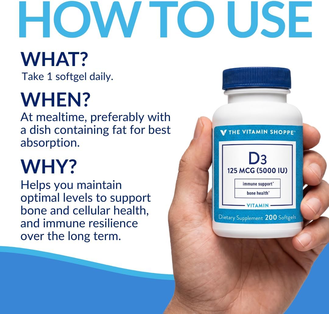 The Vitamin Shoppe Vitamin D3 5000 IU Supplement, Bone, Immune and Cellular Health Support for Men and Women, Gluten-free, Dairy-free, 200 Soft Capsules - görsel 5