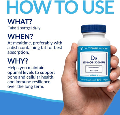 The Vitamin Shoppe Vitamin D3 5000 IU Supplement, Bone, Immune and Cellular Health Support for Men and Women, Gluten-free, Dairy-free, 200 Soft Capsules