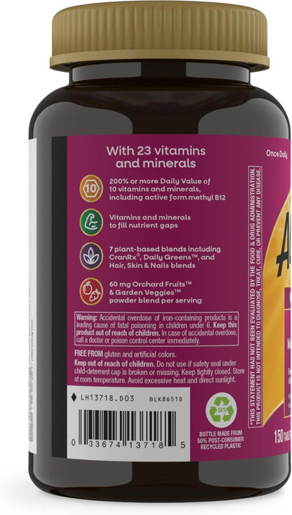 Nature's Way Alive! Ultra Women's Multivitamin, Complete Daily Formula, High Potency with Methylated B12, Vitamin D3, and Plant-Based Blends, 150 Tablets