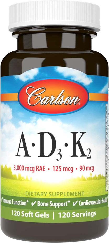 Carlson - Vitamins A, D3, K2 - 3000 mcg RAE Vitamin A, 125 mcg Vitamin D3, 90 mcg Vitamin K2 as MK-7 - 60 Softgels