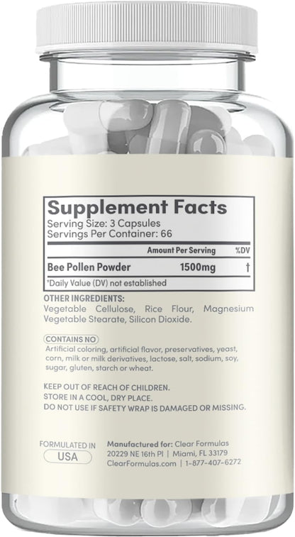 High Strength Bee Pollen Supplement - Natural Superfood with Vitamins Minerals Antioxidants - 1500mg Serving (200 Capsules)