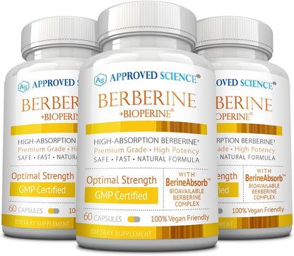 Approved Science Berberine 1000mg – High Absorption with BioPerine – 180 Vegan Capsules