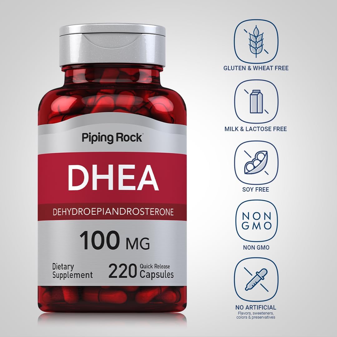 Piping Rock DHEA Supplement for Women and Men | 220 Quick Release Capsules | 100mg | Dehydroepiandrosterone | Non-GMO, Gluten-free - görsel 3