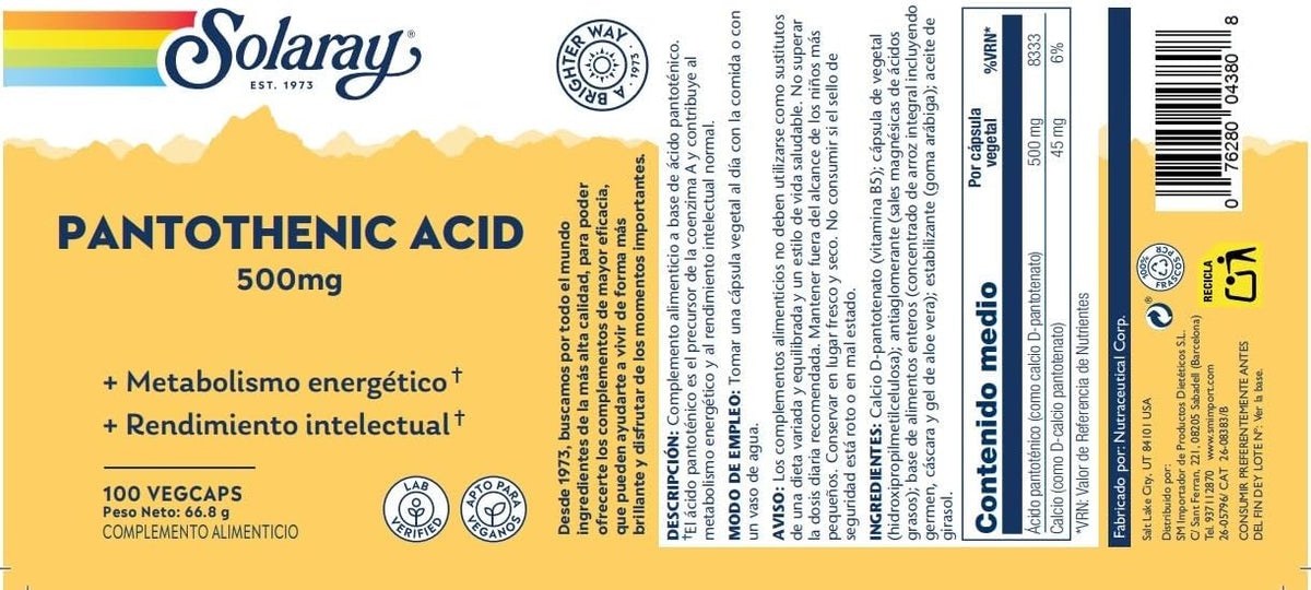 Solaray Pantothenic Acid 500mg – 100 Capsules - görsel 2