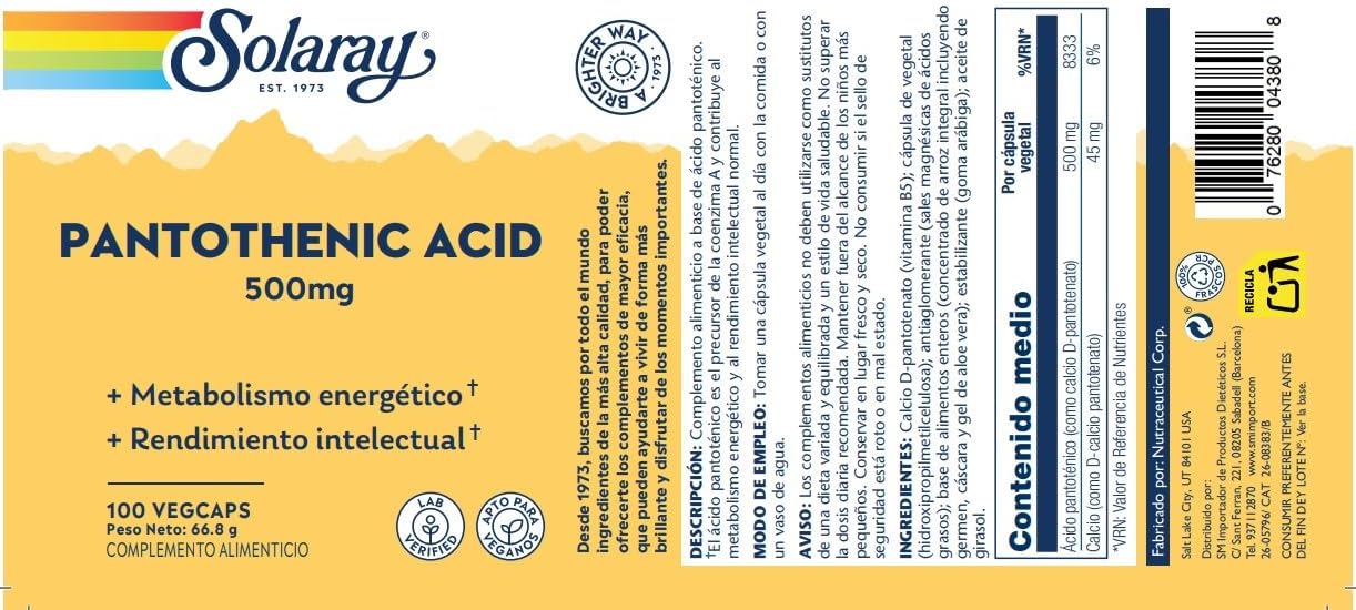 Solaray Pantothenic Acid 500mg – 100 Capsules - görsel 2