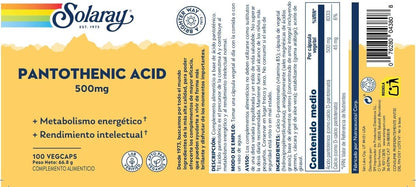 Solaray Pantothenic Acid 500mg – 100 Capsules