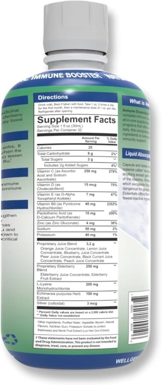 Wellgenix Immune Essentials Liquid Food Supplement – Elderberry, Echinacea, Zinc & Vitamin C – Fruit Flavour – 946 ml - görsel 6