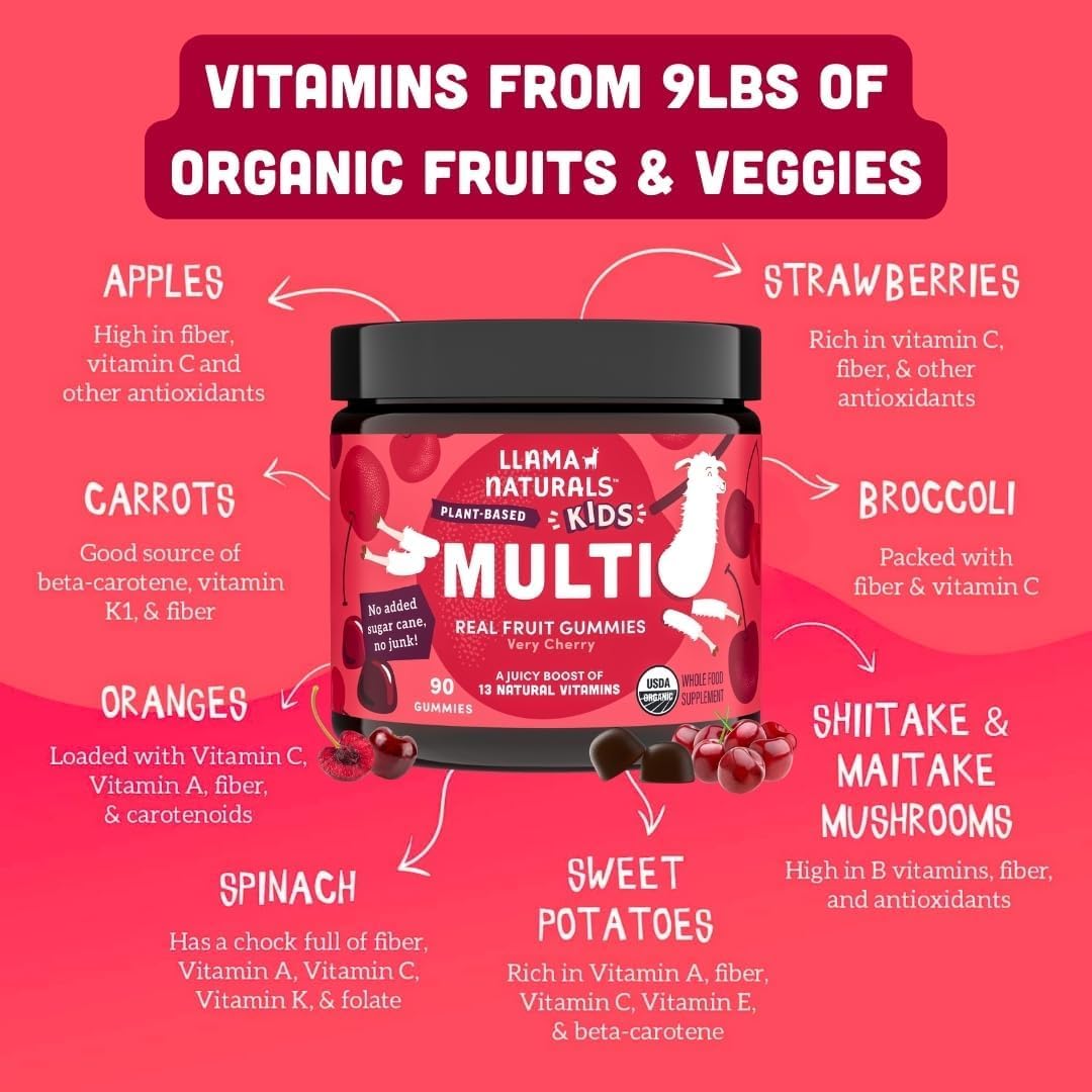 Llama Naturals Kids Multivitamin Gummies – Real Fruit, No Added Sugar – Organic Vegan Toddler Whole Food Vitamins – Cherry 90 Gummies - görsel 5