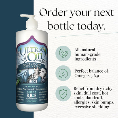 Ultra Oil Dog & Cat Supplement with Hemp, Flaxseed & Fish Oils - 946ml - For Dry Skin, Dull Coat, Hot Spots, Dandruff, Allergies