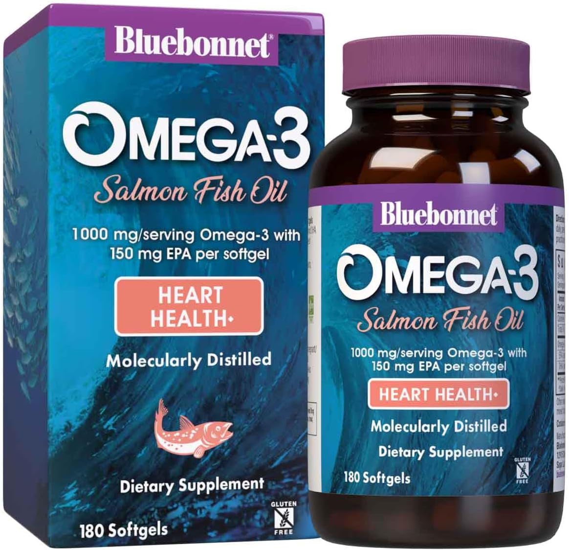 BlueBonnet Omega 3 1000mg Salmon Oil - EPA DHA Essential Fatty Acids - Heart Health Supplement for Women and Men - Molecularly Distilled, Triglyceride Form - 180 Softgels - görsel 1