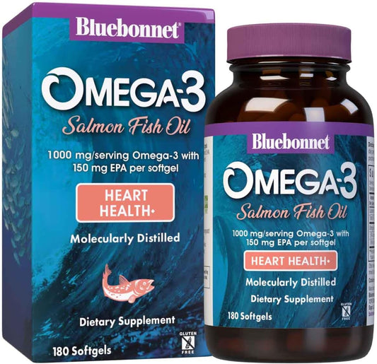 BlueBonnet Omega 3 1000mg Salmon Oil - EPA DHA Essential Fatty Acids - Heart Health Supplement for Women and Men - Molecularly Distilled, Triglyceride Form - 180 Softgels