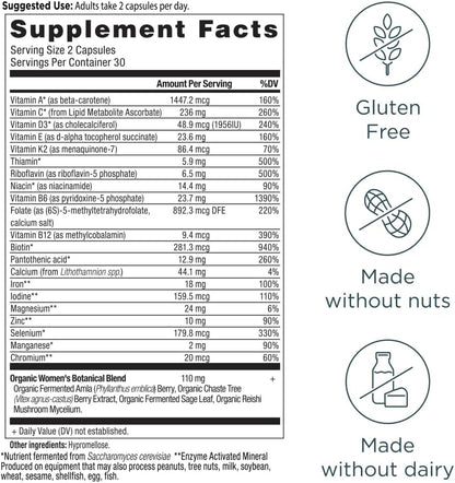 Ancient Nutrition Women's Fermented Multivitamin with Methylated Vitamins C, D, K, Zinc & Magnesium - Vegan, 60 Capsules