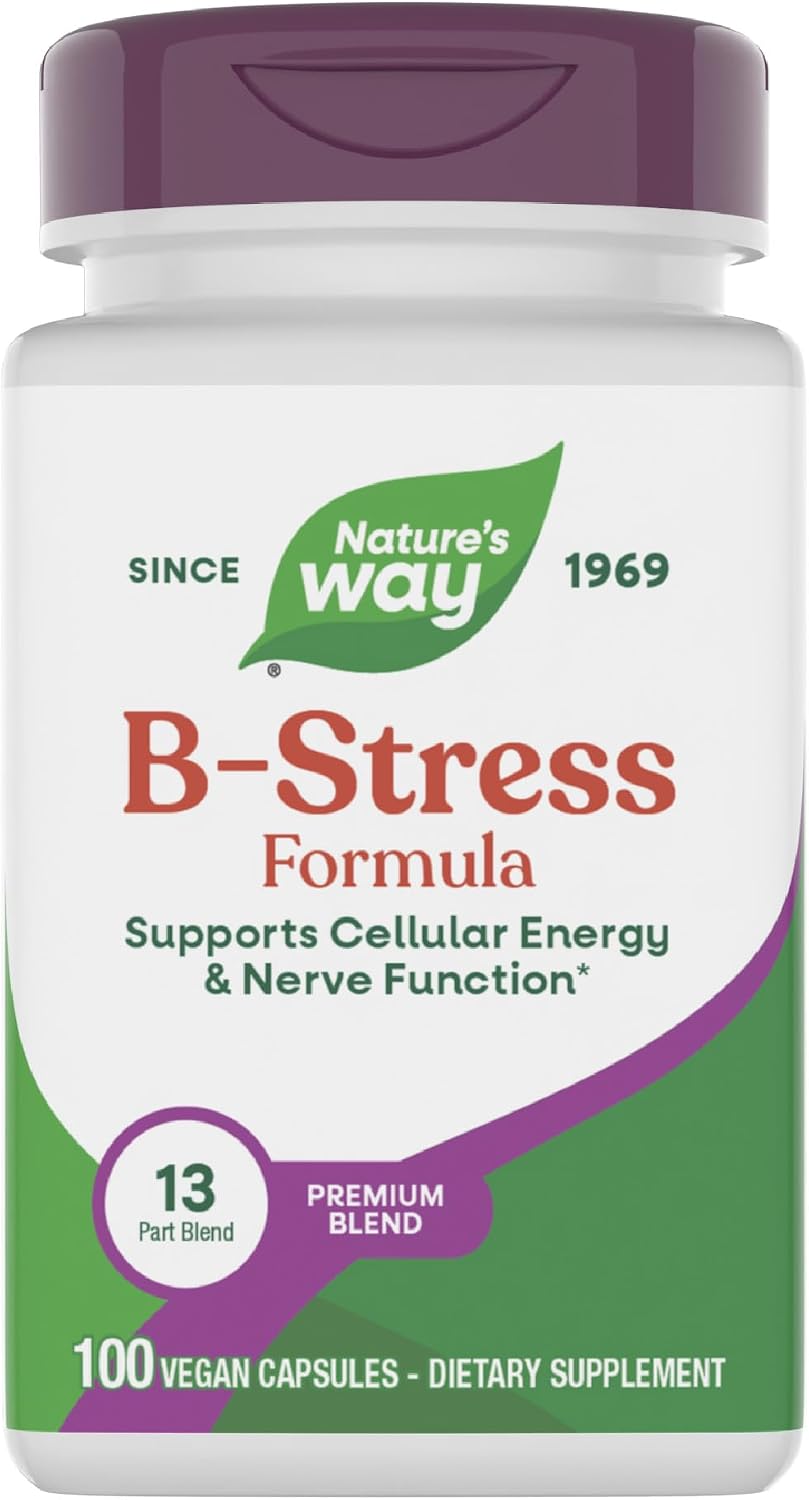 Nature's Way B-Stress Formula, Contributes to Normal Energy-Yielding Metabolism and Nervous System Function, with Vitamin C, B12, B6 & More, Gluten Free, 100 Vegan Capsules - görsel 1