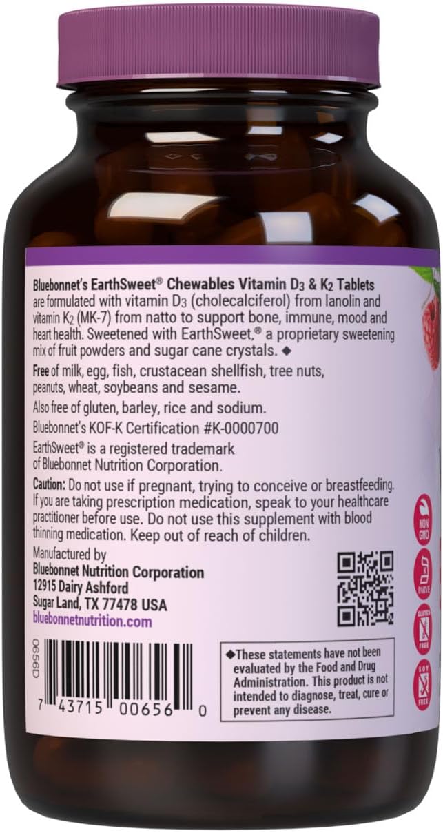 Bluebonnet Nutrition Vitamin D3 & K2 EarthSweet Chewable Tablets, Raspberry Flavour, 60 Tablets - görsel 7