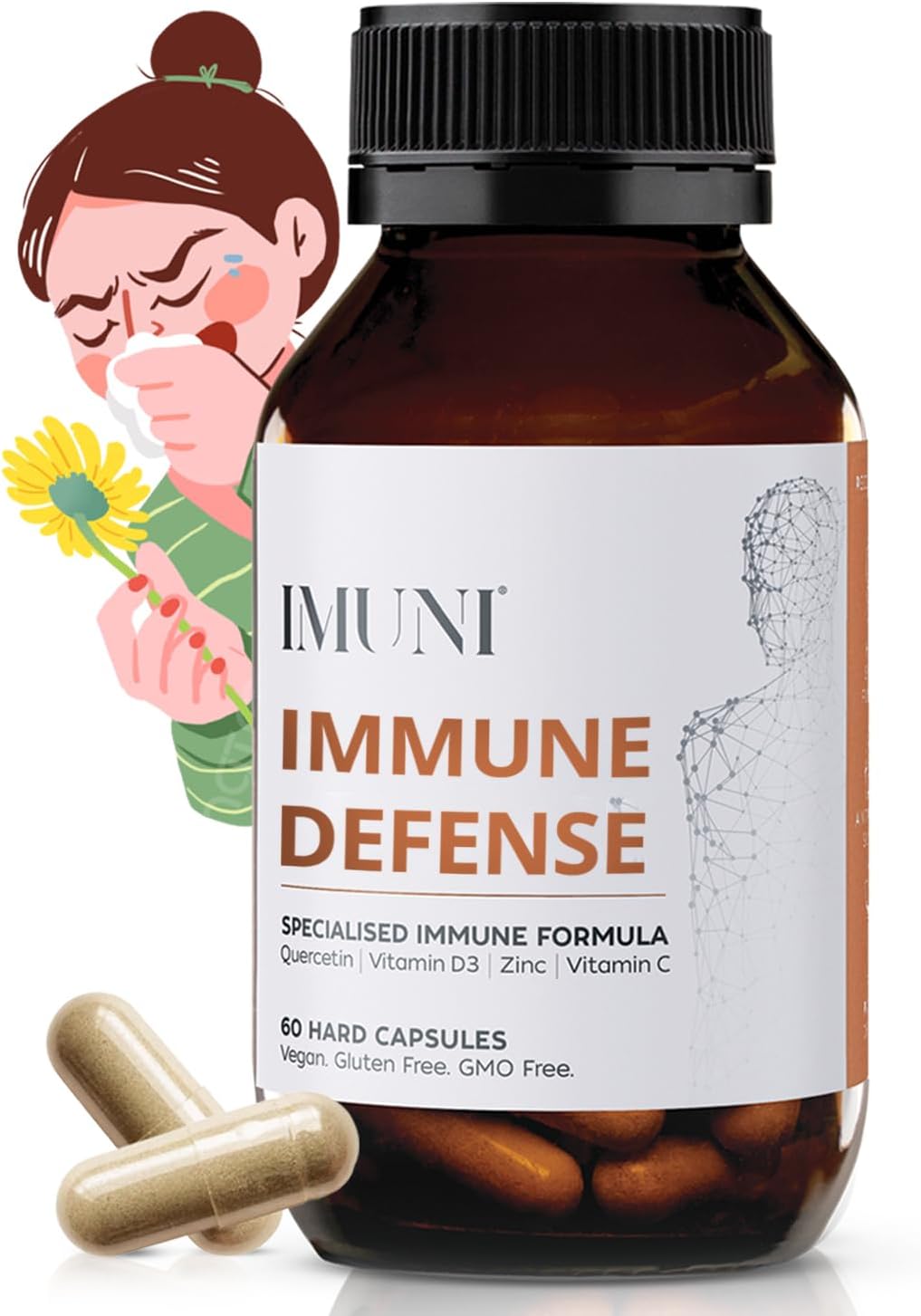 IMUNI Allergy Support & Immune Defence – Quercetin Supplement with Vitamin C, Zinc & D3 | Seasonal Wellness Support | 60 Vegan Capsules - görsel 2