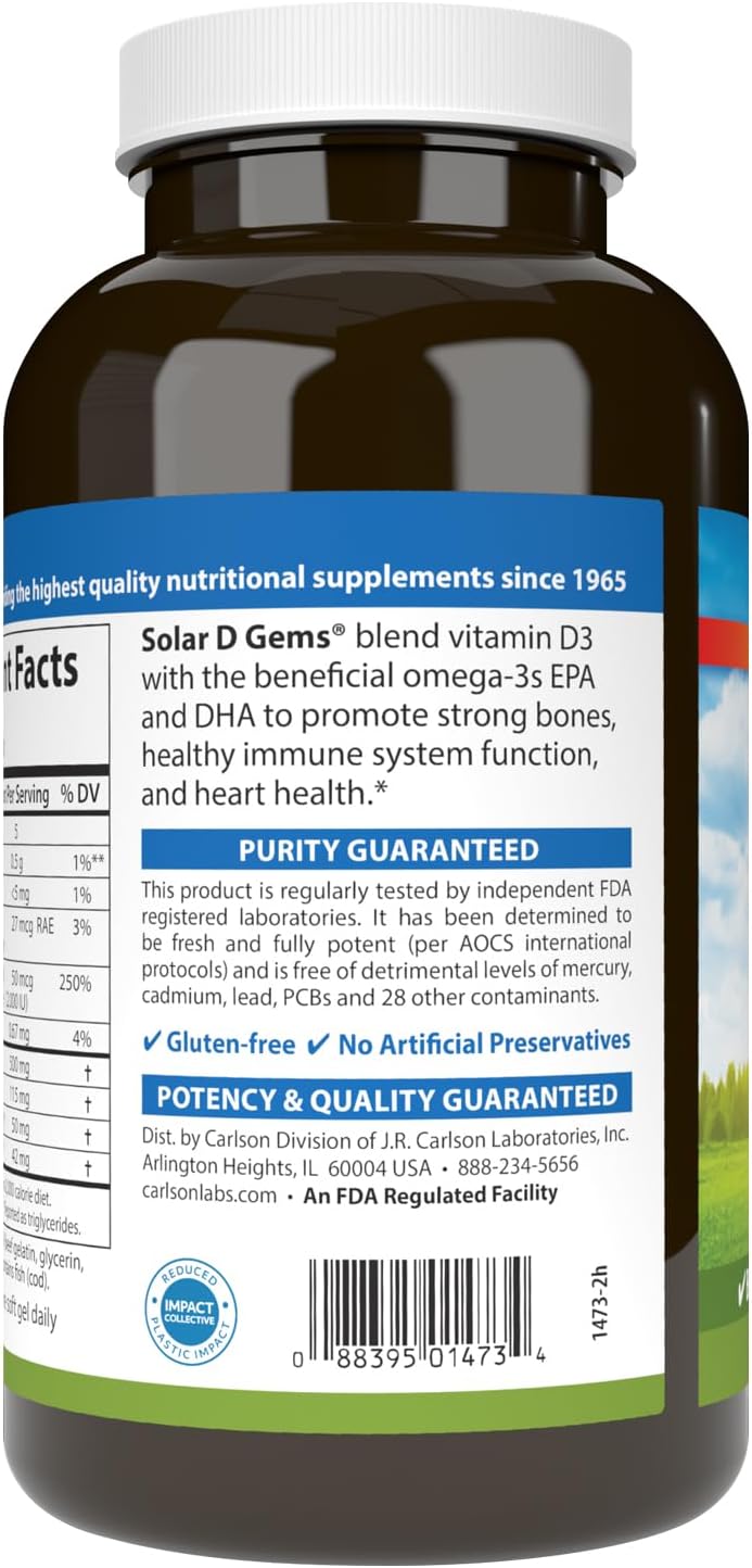 Carlson Solar D Gems, Vitamin D3 and Omega-3 Supplement, 2000 IU, Lemon Flavour, 360 Softgels - görsel 3