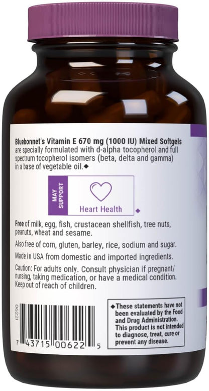 Bluebonnet Vitamin E 1000 IU Mixed Tocopherol Softgels, 50 Capsules