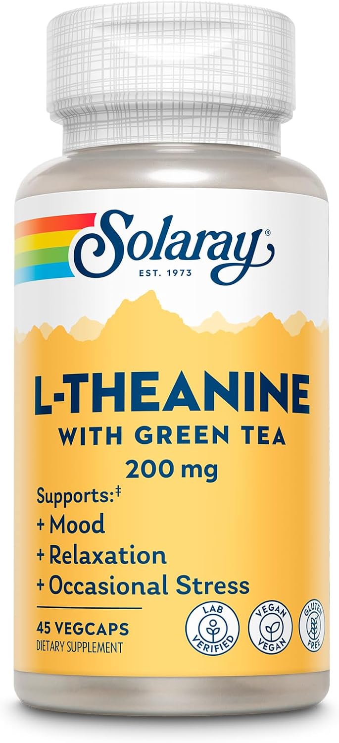 SOLARAY L-Theanine 200mg with Green Tea - Healthy Mood & Relaxation Support - 45 Veggie Capsules - görsel 1