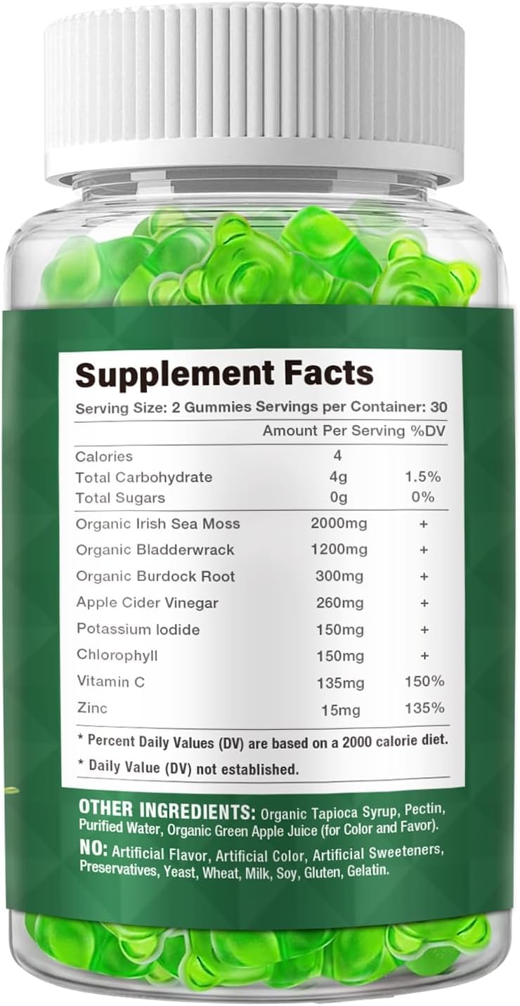Sea Moss Gummies - 60 Count - Natural Apple Flavour - with Bladderwrack & Burdock Root - Vegan, Non-GMO - görsel 2