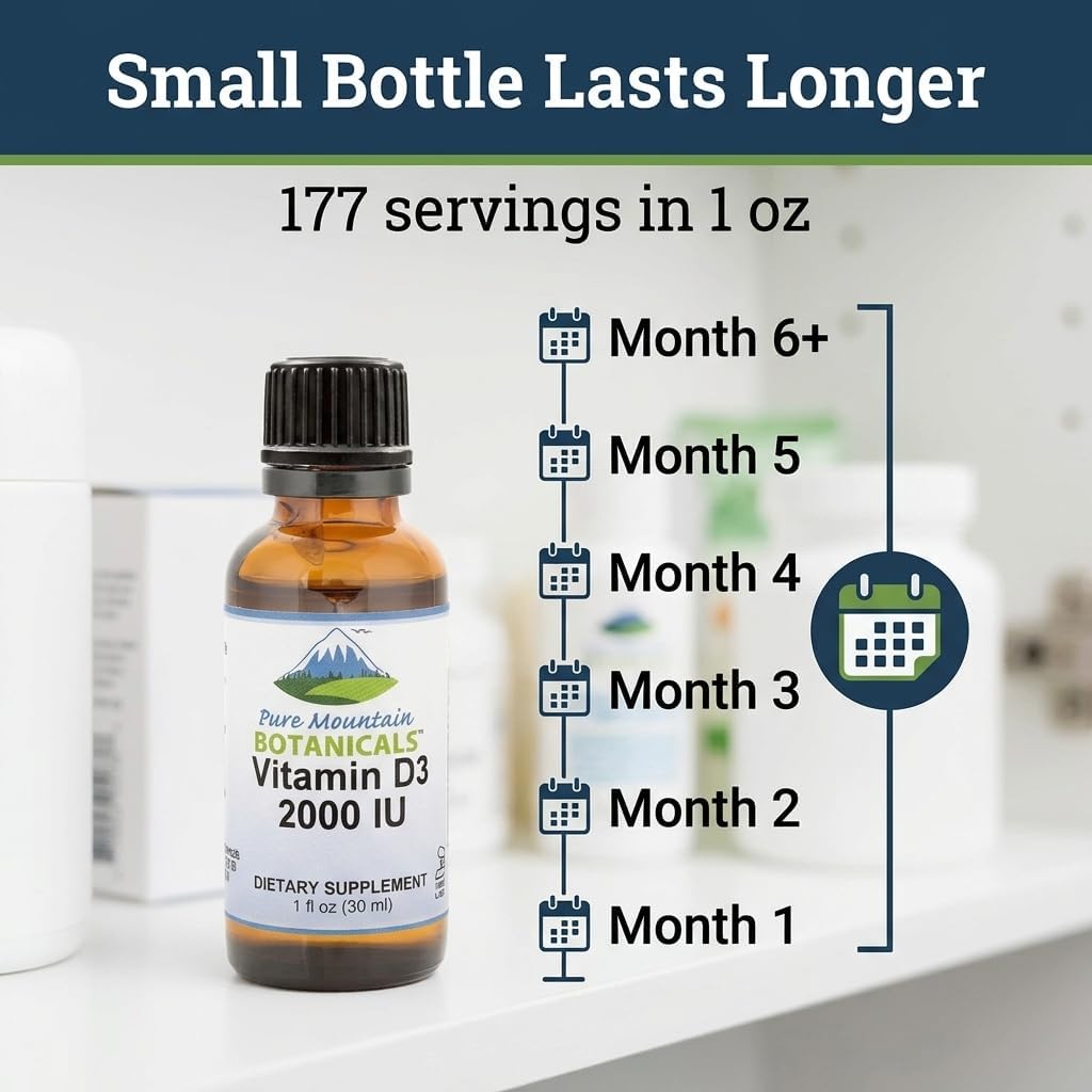 Pure Mountain Botanicals Liquid Vitamin D Drops - 2000 IU D3 in MCT Oil - Non-GMO, Kosher, 177 Servings - görsel 5