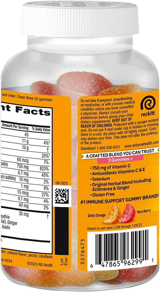 Airborne 750mg Vitamin C Immune Support Gummies, Assorted Fruit Flavour, 63 Gummies (Pack of 3) - görsel 3