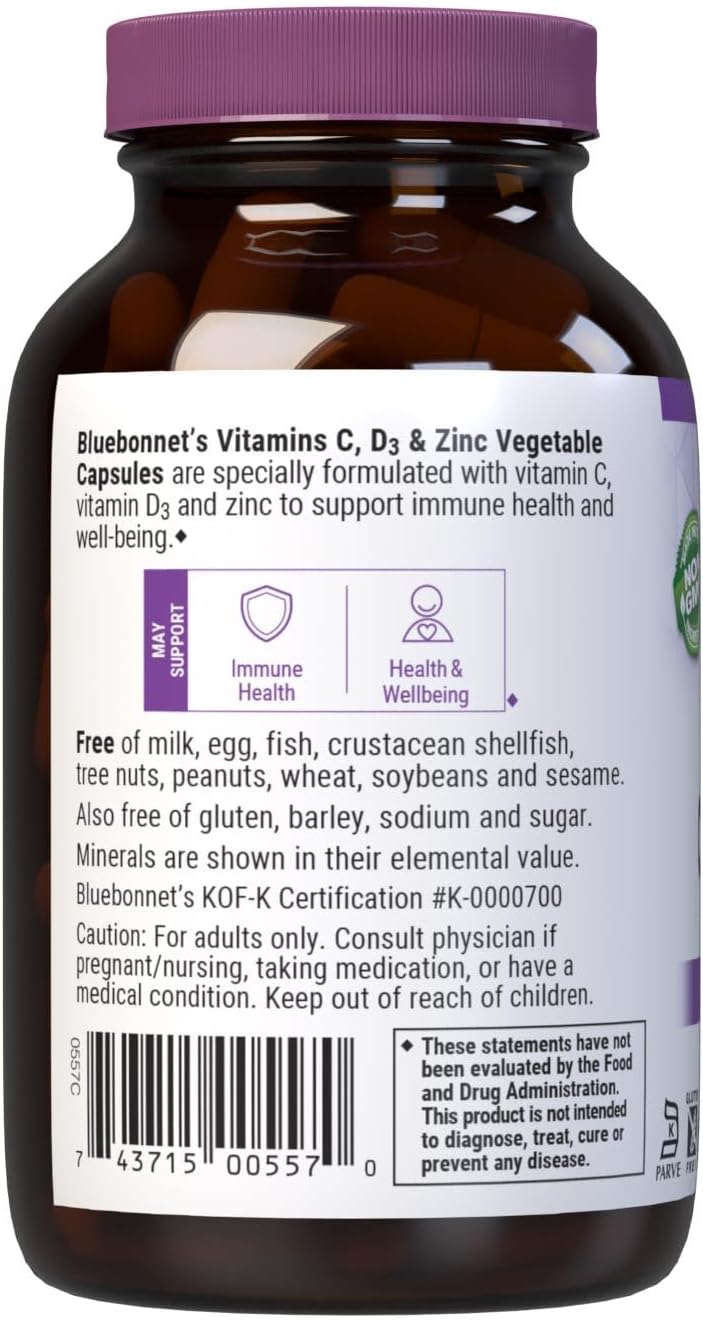 Bluebonnet Nutrition Vitamin C, D3 & Zinc - Immune Health Support, Soya-Free, Gluten-Free, Non-GM, Kosher, 100 Vegetable Capsules - görsel 3