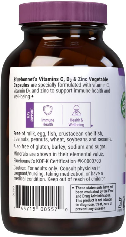 Bluebonnet Nutrition Vitamin C, D3 & Zinc - Immune Health Support, Soya-Free, Gluten-Free, Non-GM, Kosher, 100 Vegetable Capsules