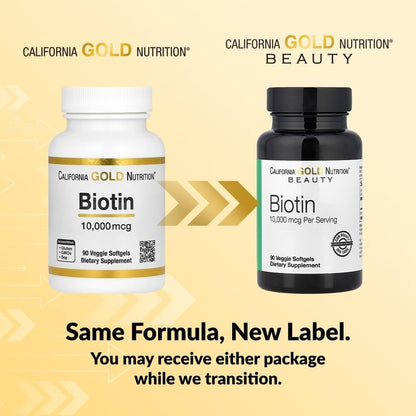 California Gold Nutrition Biotin, 10,000 mcg d-Biotin, for Healthy Hair, Nails and Skin, Non GMO, Suitable for Vegetarians, Gluten-free, 90 Veggie Softgels