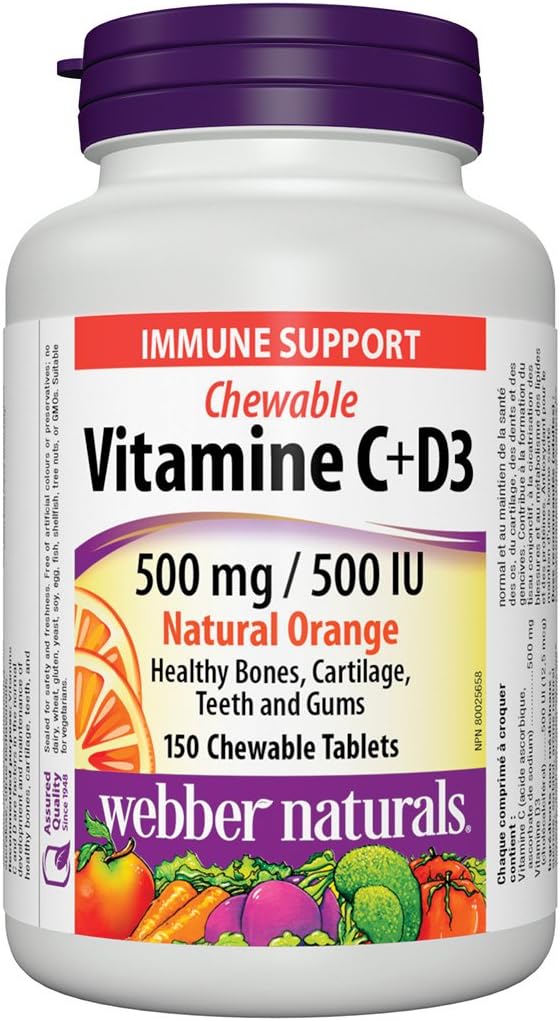 Webber Naturals Vitamin C+D3 500 mg/500 IU, Natural Orange, 150 Chewable Tablets - görsel 1