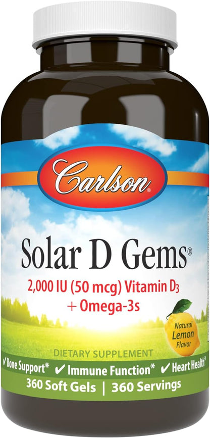 Carlson Solar D Gems, Vitamin D3 and Omega-3 Supplement, 2000 IU, Lemon Flavour, 360 Softgels