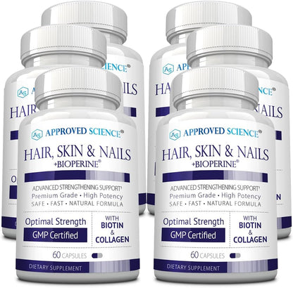 Approved Science Hair, Skin and Nails - Food Supplement - Biotin, Collagen, Vitamin B Complex, Silica, BioPerine - 180 Capsules - 3 Month Supply