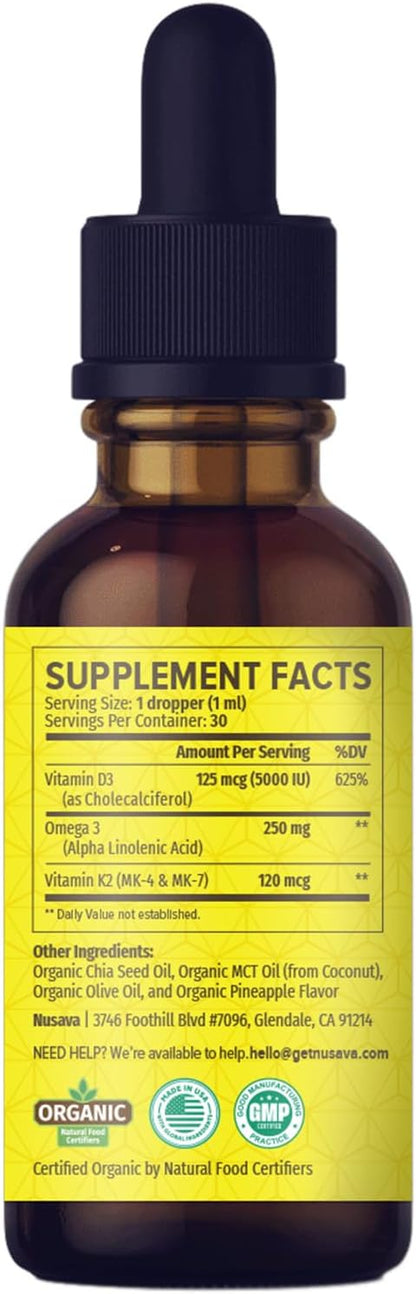 (2 Pack) Organic Vitamin D3 and K2 Drops with MCT Oil and Omega 3 - Liquid Vitamin D3 5000 IU - D3 K2 Supplement for Men and Women - No Fillers, Non-GMO, GMP, Pineapple Flavour (2 fl oz)