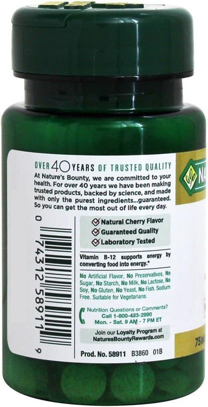 Nature's Bounty Vitamin B12 Sublingual 2500 mcg Tablets, Natural Cherry – 75 Tablets (Pack of 9)