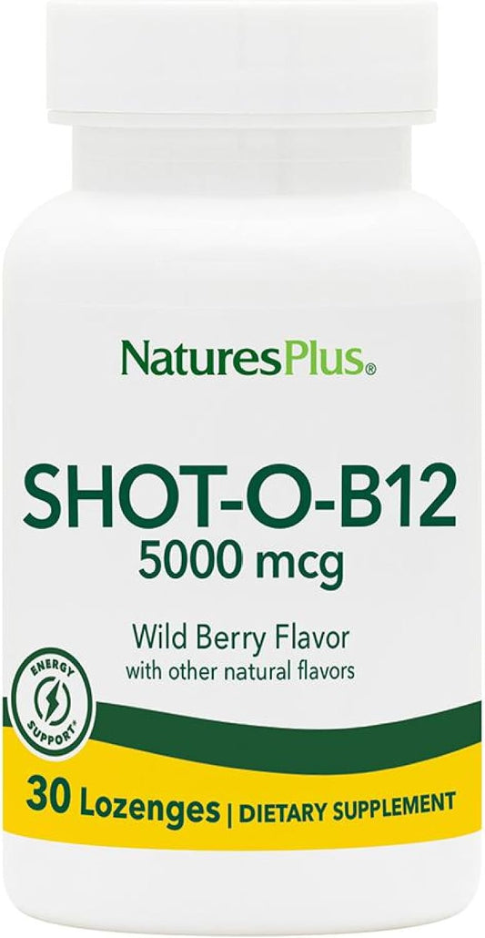 NaturesPlus Shot-O-B12 - 30 Lozenges, Wild Berry Flavour - 5000mcg - Vegan, Gluten-Free