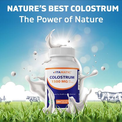 Vitamatic Bovine Colostrum 30% IgG Supplement 1500 mg per Serving – Gut Health, Hair Growth, Beauty, Muscle Recovery & Immune Support – 180 Vegetable Capsules
