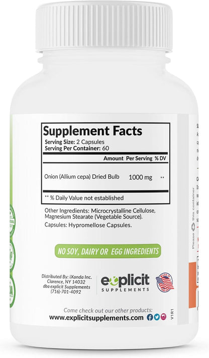 All-Natural Onion Extract 1000 mg – Dried Onion Bulb Supplement – 120 Capsules