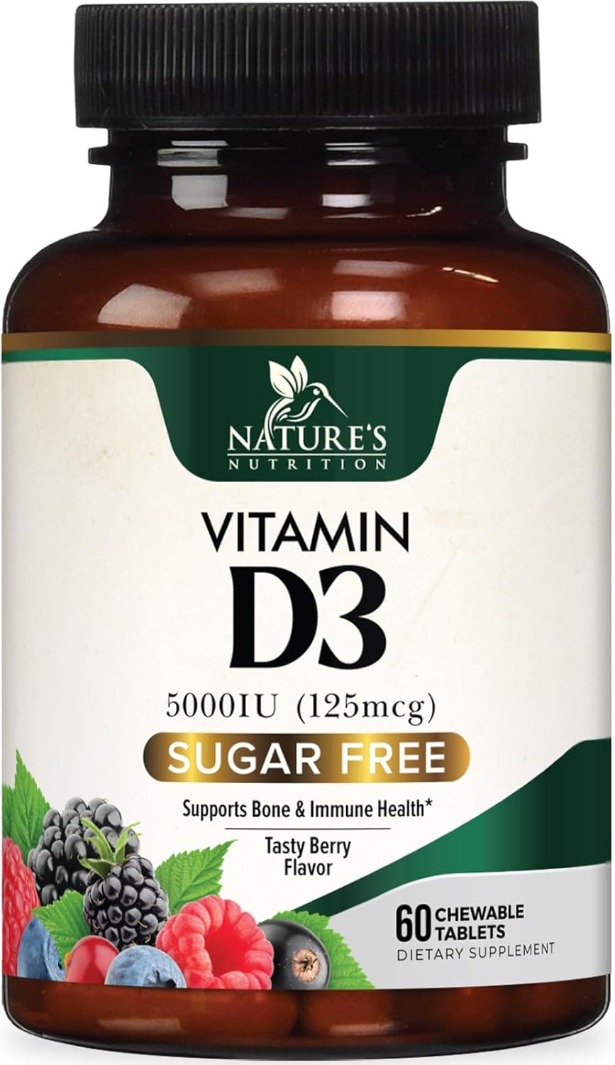 Nature's Nutrition Vitamin D3 5000 IU (125 µg) Chewable Tablets – Extra Strength for Immune Support & Bone Health – Sugar Free, Gluten-free – 60 Count - görsel 1