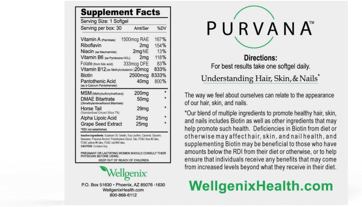 Wellgenix Purvana Hair, Skin and Nails – 2500mcg Biotin Softgels with MSM & B-Complex – 30 Count - görsel 9