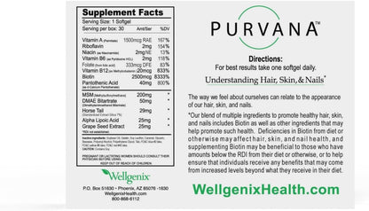 Wellgenix Purvana Hair, Skin and Nails – 2500mcg Biotin Softgels with MSM & B-Complex – 30 Count