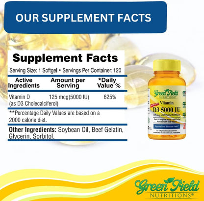 Greenfield Nutritions Halal Vitamin D3 5000 IU (125 mcg) Softgels – 120 Pack