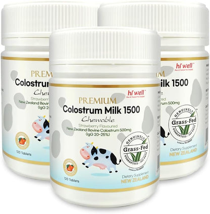 Hi Well Premium Grass-Fed Colostrum 1500 - 120 Chewable Tablets (3-Pack)