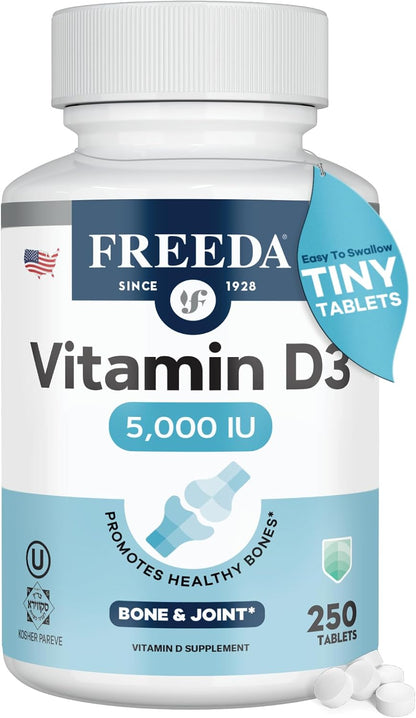 FREEDA Vitamin D3 5000 IU – Pure High Strength Kosher Supplement Tablets – For Bone and Muscle Health, Calcium Absorption, Immune Function – 250 Tablets