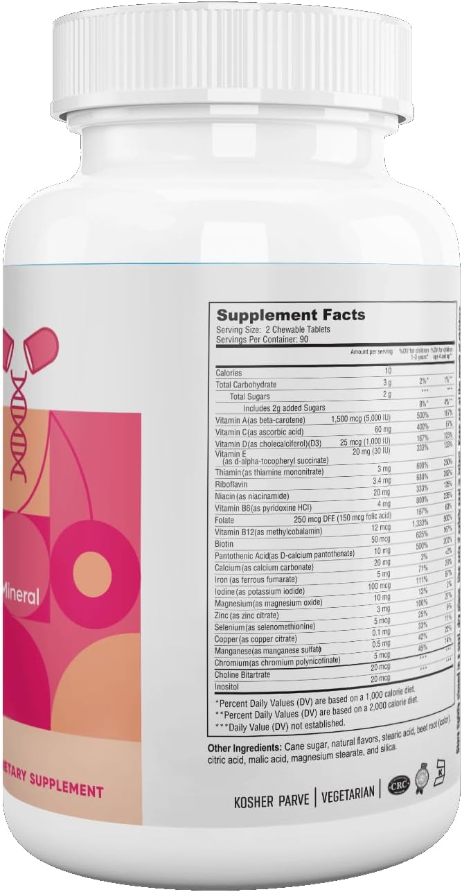 Delicious Children's Multivitamin, 180 Vegetarian Chews – Complete Supplement with Essential Vitamins and Minerals - Vitamin A, B, C, D3, Calcium, Iron, Folic Acid, Zinc – Cherry Flavour - görsel 2